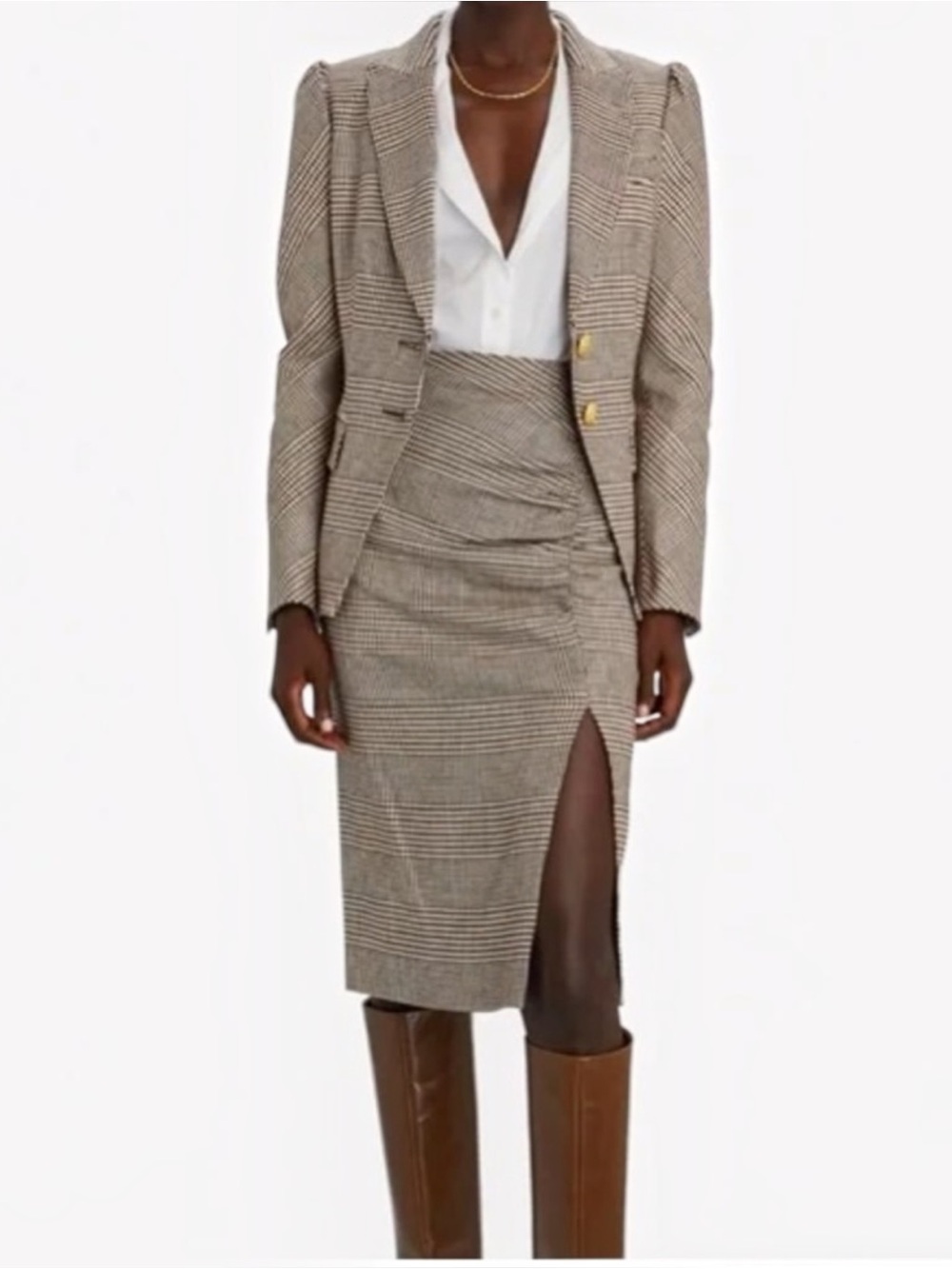 Veronica Beard Taupe Checked Midi Pencil Skirt with Front Slit
